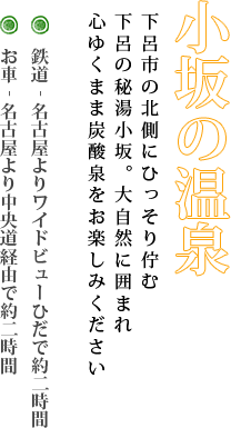 小坂の温泉 下呂市の北側にひっそり佇む 下呂の秘湯小坂。大自然に囲まれ 心ゆくまま炭酸泉をお楽しみください 鉄道‐名古屋よりワイドビューひだで約二時間 お車‐名古屋より中央道経由で約二時間